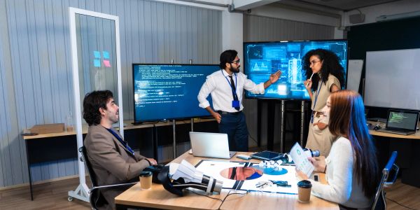Equipo discutiendo tecnología y datos en oficina moderna.