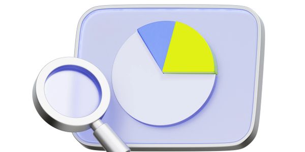 3D pie chart with magnifying glass highlighting segments.