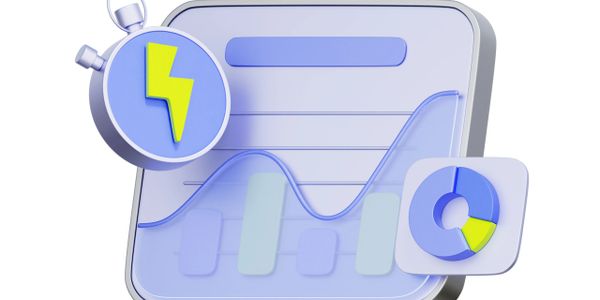 3D chart with lightning and pie graph icons in blue and yellow.