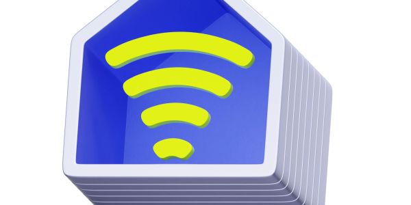 Stacked blue house icons with a yellow Wi-Fi symbol inside.