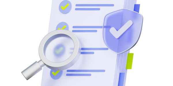 Checklist under magnifying glass with shield and check marks.