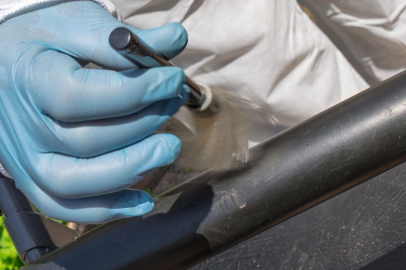 A forensic investigator wearing a white disposable coverall and blue nitrile gloves brushes a black metal surface with a white fiberglass fingerprint brush. The individual holds the brush handle firmly while applying the fine bristles to the cylindrical object. The white suit covers the torso and legs, while the blue gloves provide a contrast against the white brush head. The surface being examined is a walking frame handle. The setting includes a paved ground surface and green vegetation in the periphery, indicating an outdoor residential location.