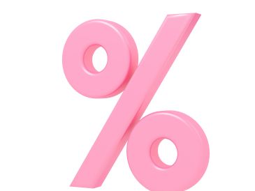 A shiny pink 3D percentage symbol on a white background.