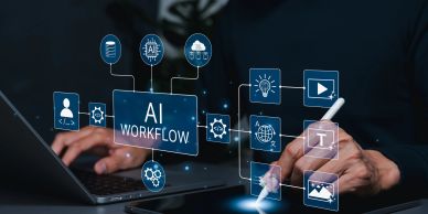 Person interacting with AI workflow graphics on digital interface.
