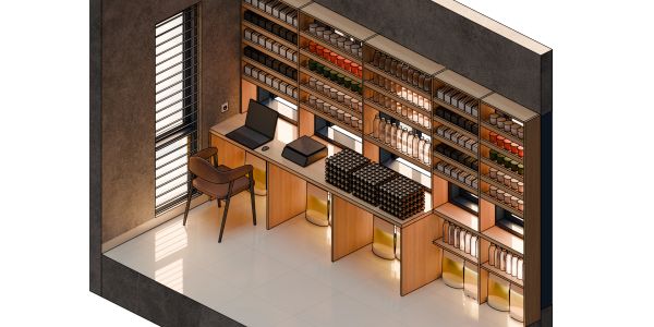Modern, organized workspace with wooden shelves, a laptop, and a comfortable chair.