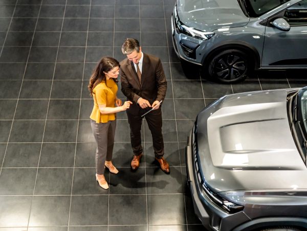 Man and woman discussing at a car dealership.