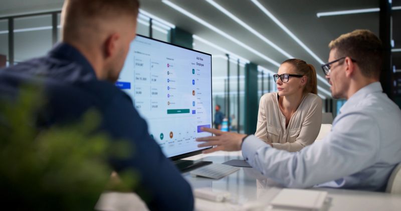 Gestor de RH e equipe utilizando software de folha de pagamento.