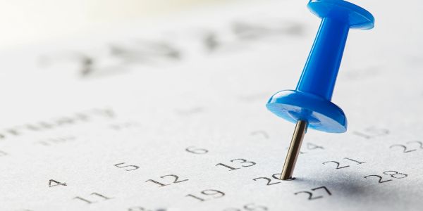 Blue pushpin marking a date on a calendar.