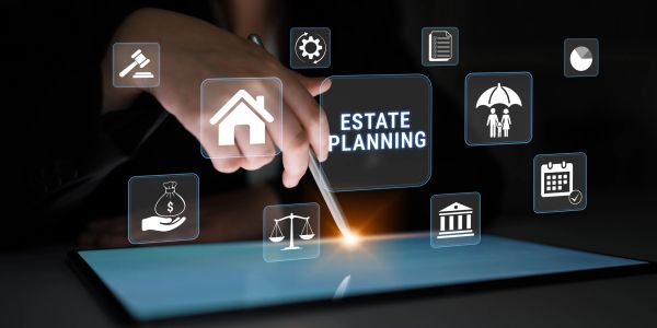 Hand interacting with digital icons related to estate planning on a tablet.