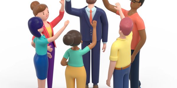 A group of diverse people celebrating with high-fives.
