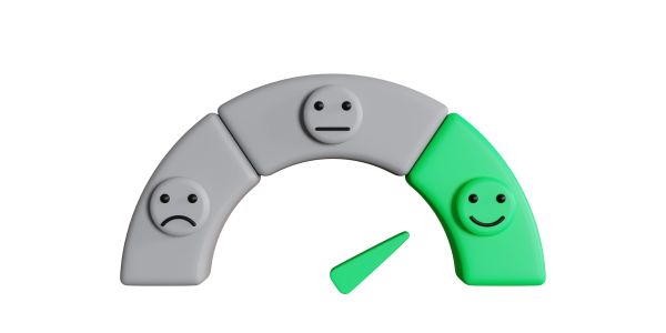 A satisfaction meter indicating positive feedback with a green happy face.