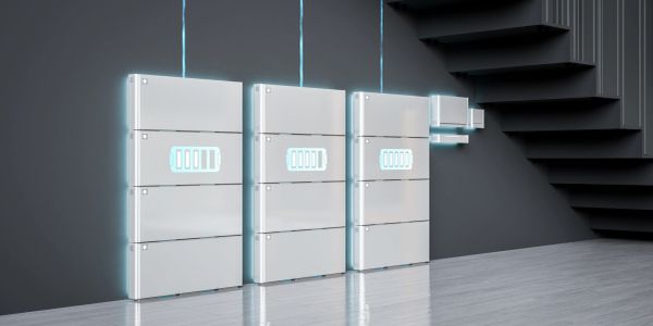 Three white battery storage units with glowing blue displays in a modern room corner.