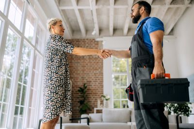Woman shaking hands with a handyman.
