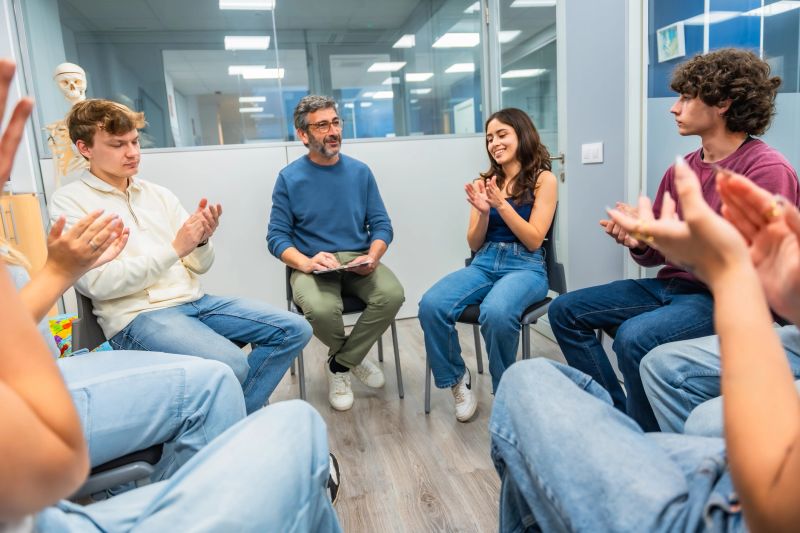 Diverse group of young adults applauding during a support group or therapy session, a male therapist or leader observing and taking notes in the circle