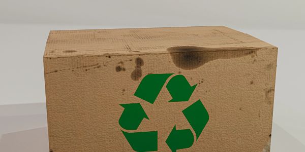 A worn cardboard box with a green recycling symbol and stains on its surface.