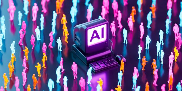 Miniature people around a computer labeled AI.