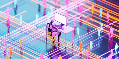 A robot surrounded by digital humanoid figures and light trails.