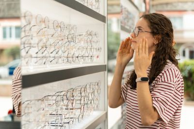 Woman trying on eyeglasses in a store.
