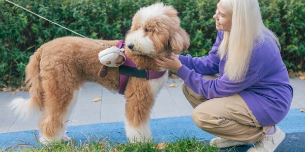 Woman admiring and petting her fluffy dog outdoors.