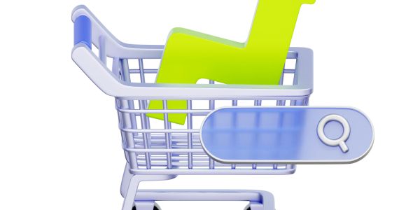 Shopping cart with a green checkmark and search icon.