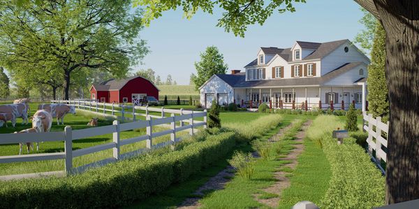 Farmhouse with cows and red barn in bright daylight.