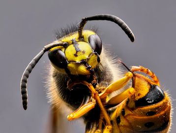 Close-up of a wasp on a gray background.