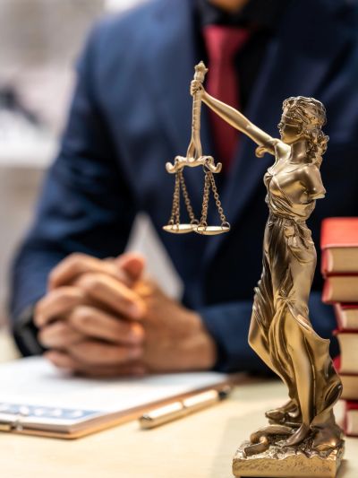 Statue of Lady Justice with a person in suit in the background.
