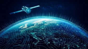Satellite orbiting Earth with digital overlays.
