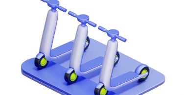 Three blue scooters on a stand.