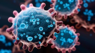 Close-up illustration of coronavirus particles.