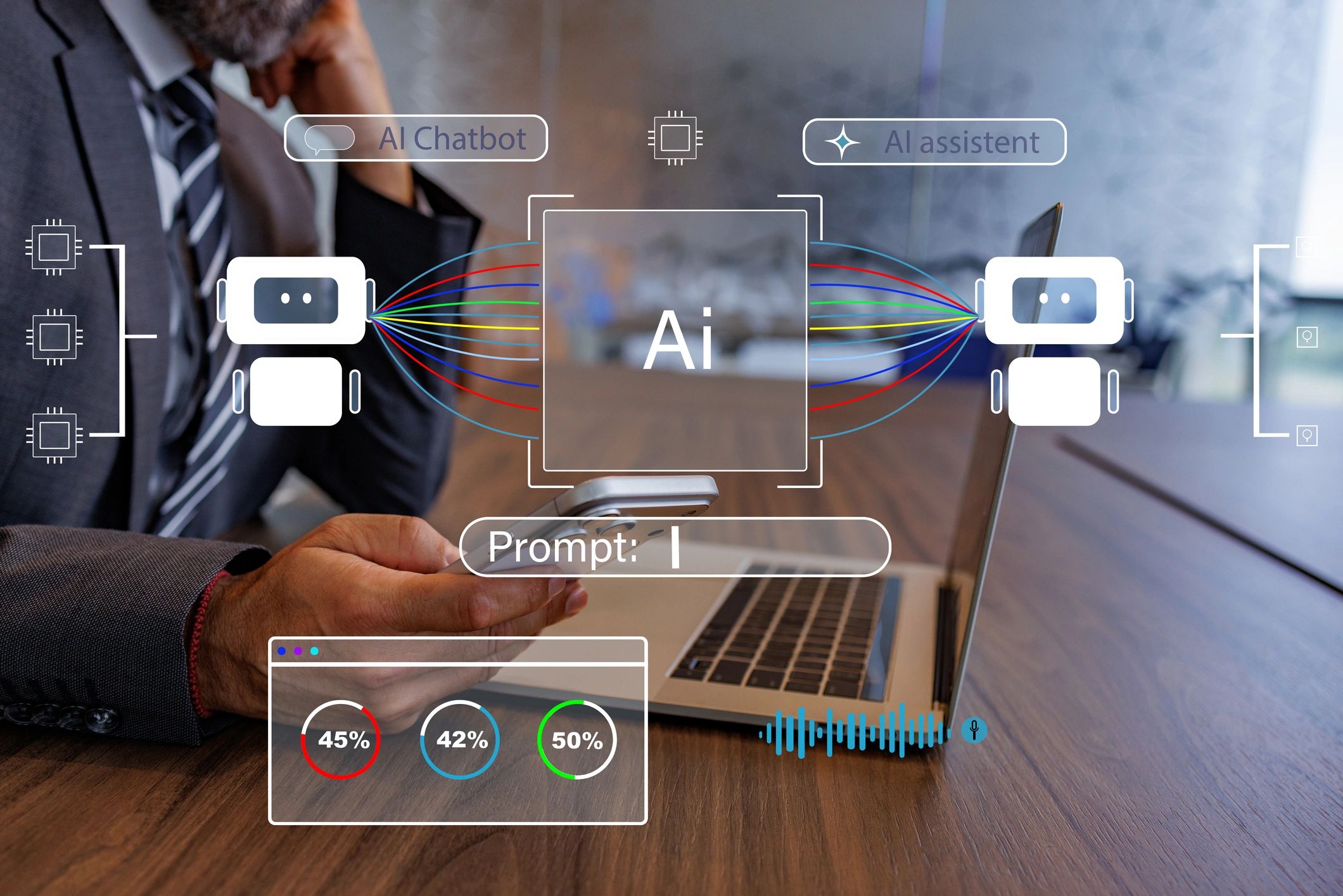 Visualization of AI chatbot and assistant interaction in a business setting.