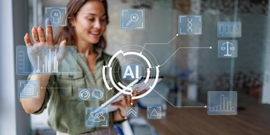 Woman interacting with AI technology interface.