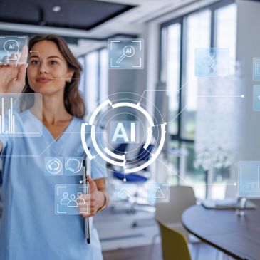 Woman interacts with floating AI technology interface.