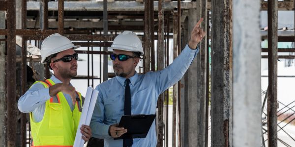 Two construction professionals discussing plans on site.
