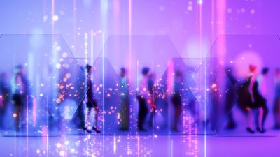 Blurred people walking with neon lights and digital effects.