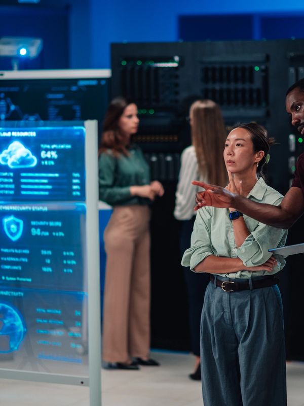 Tech team discussing data on transparent screen.