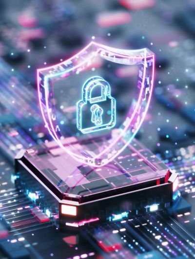 Glowing digital shield with a lock symbol on a circuit board.