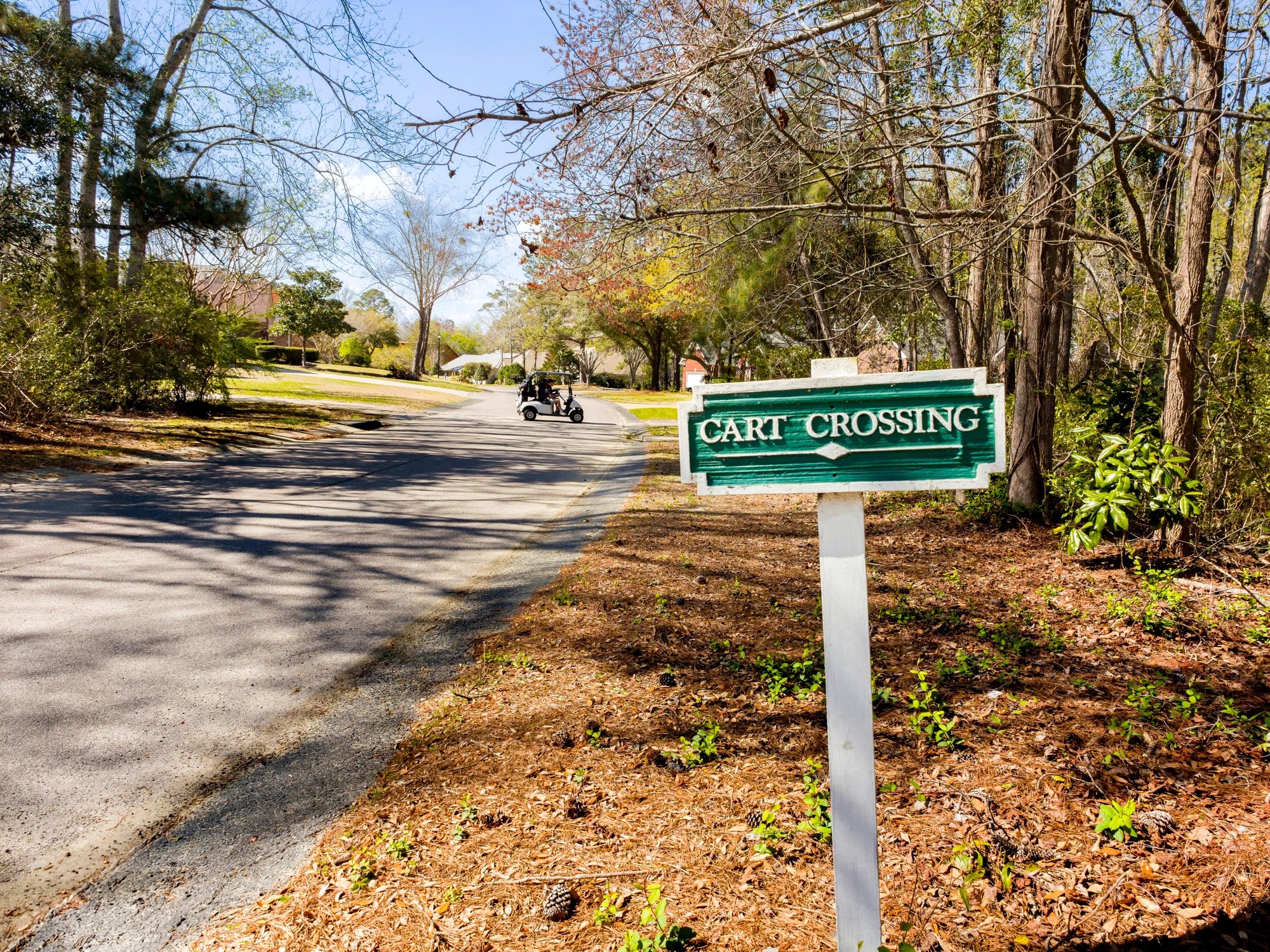Cart crossing sign on a tree-lined golf cart path