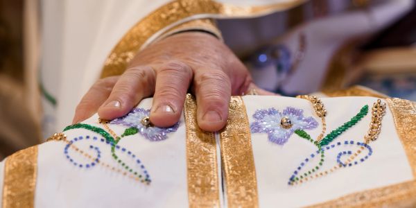 Hand resting on decorated fabric with flowers and gold trim.