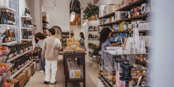 People shopping in a cozy store filled with various products.