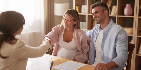Couple shaking hands with a woman during a meeting.