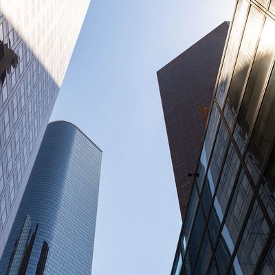 Modern glass office towers viewed from the Los Angeles business district.
