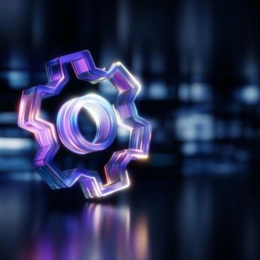 3D glowing gear icon with a metallic blue and purple hue.