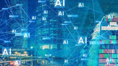 Digital AI technology integrated with urban cityscape.