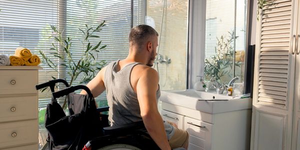 Wheelchair user at an ADA accessible bathroom sink - ADA restroom remodel in Tampa Bay