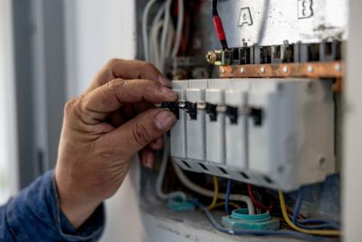 Hand adjusting circuit breakers in an electrical panel.