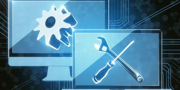 Digital screens showing gear and tools icons symbolizing tech support.