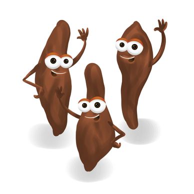 Three animated tamarind pods with eyes and arms waving cheerfully.