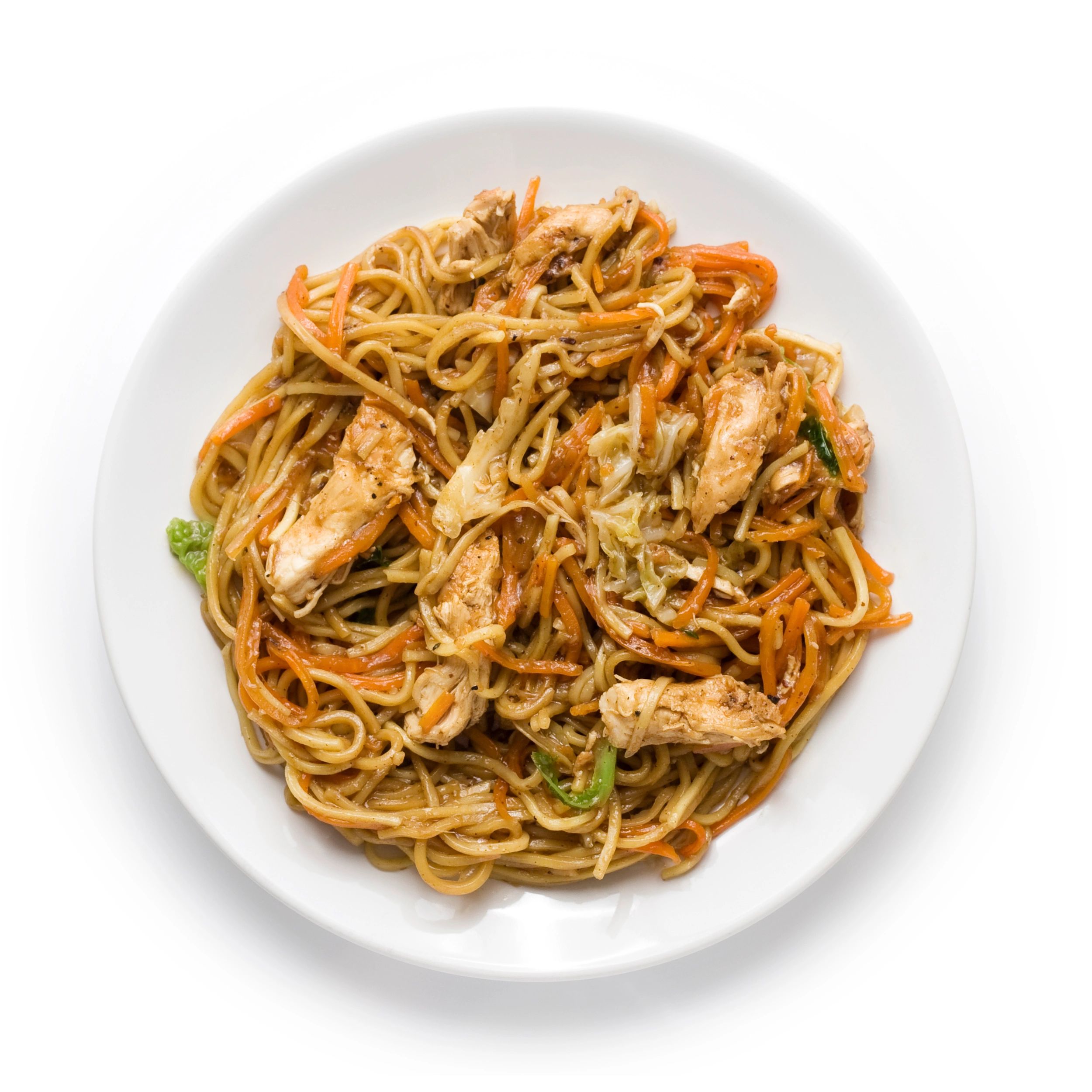 Plate of chicken stir-fried noodles with vegetables.