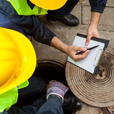 Workers wearing yellow helmets inspecting a manhole and taking notes.